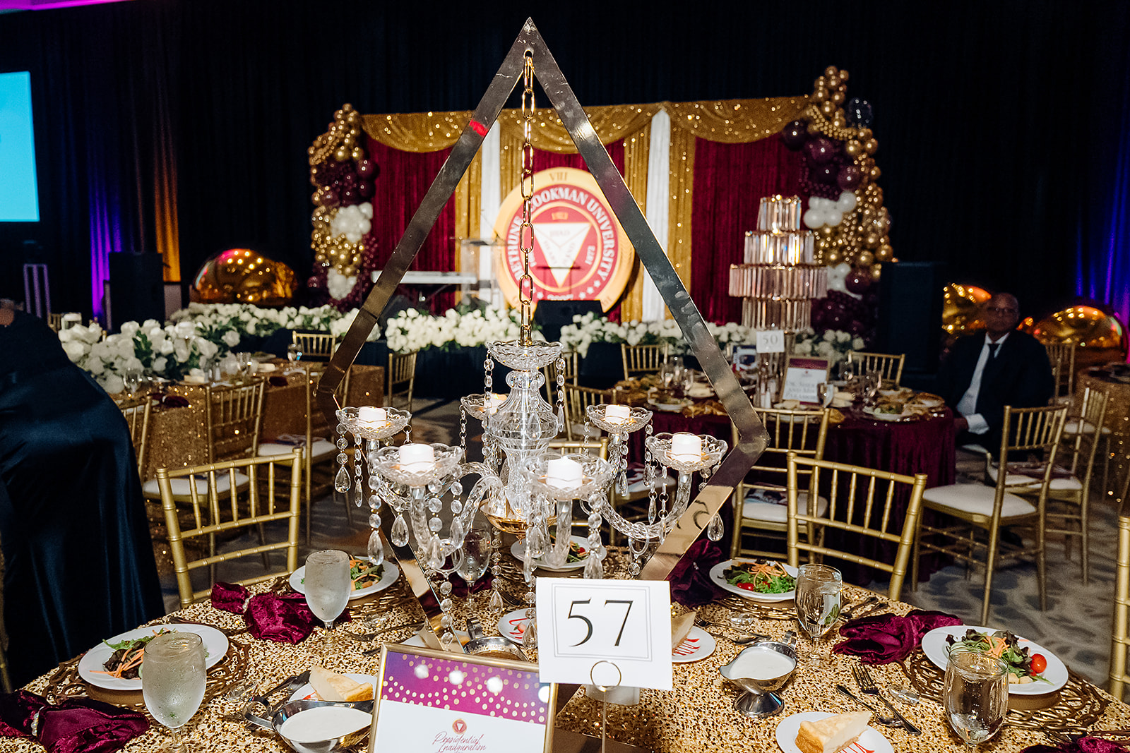 Bethune-Cookman University presidential inauguration gala ballroom decor with gold and burgundy details
