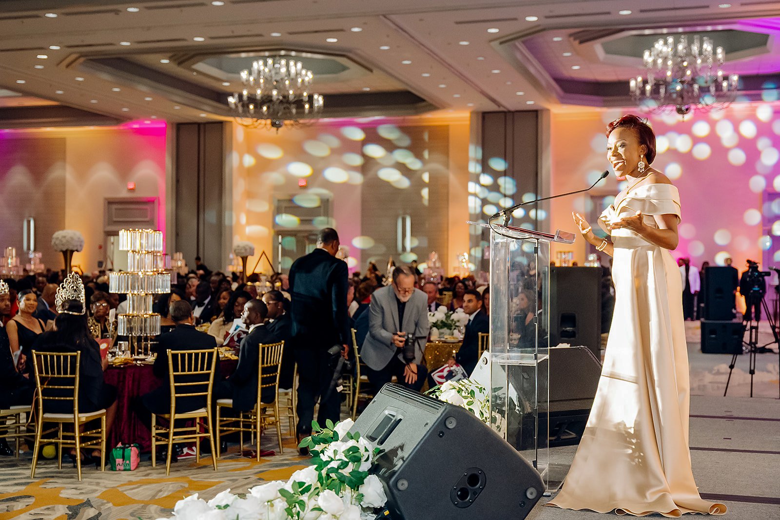 Keynote speaker in champagne gown at the Bethune-Cookman University inauguration gala