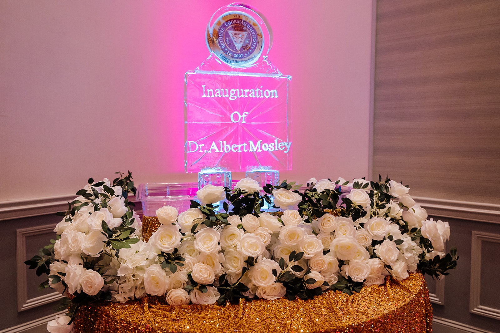 Inauguration of Dr. Albert Mosley ice sculpture with white roses at Bethune-Cookman University