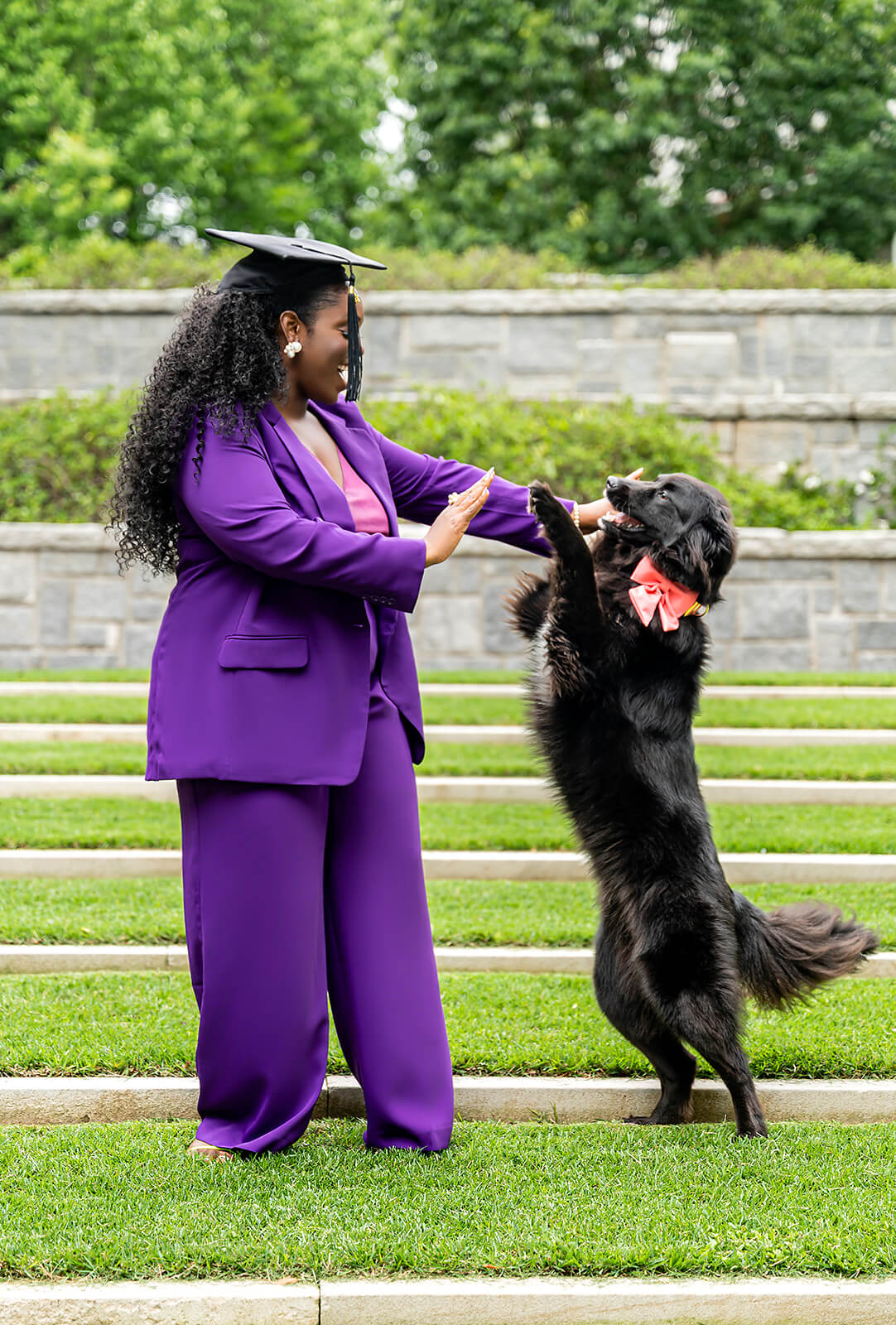 Graduate in purple suit and cap high-fiving black dog outdoors