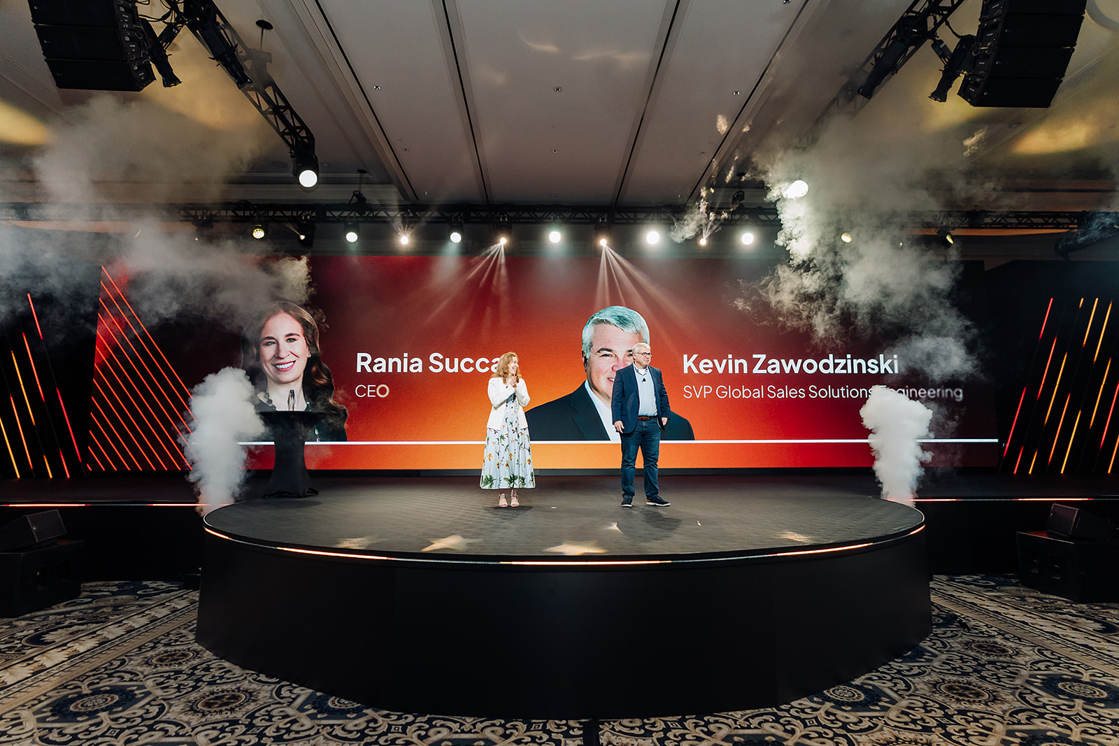 Kaseya CEO Rania Succar and SVP Kevin Zawodzinski on stage during SKO keynote