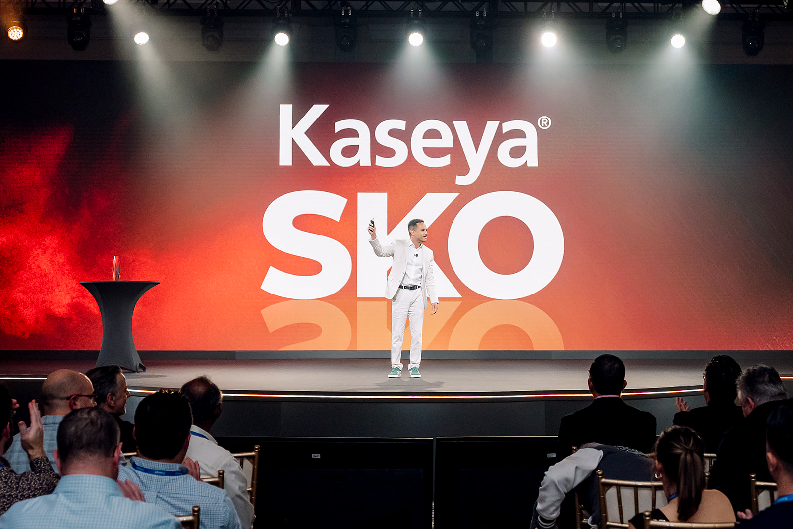 Keynote speaker addressing audience on the Kaseya SKO stage