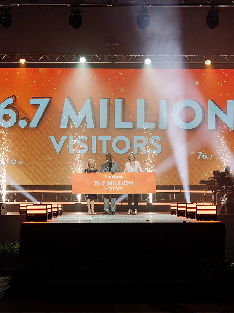 Visit Orlando luncheon stage with 76.7 million visitors reveal and pyrotechnics