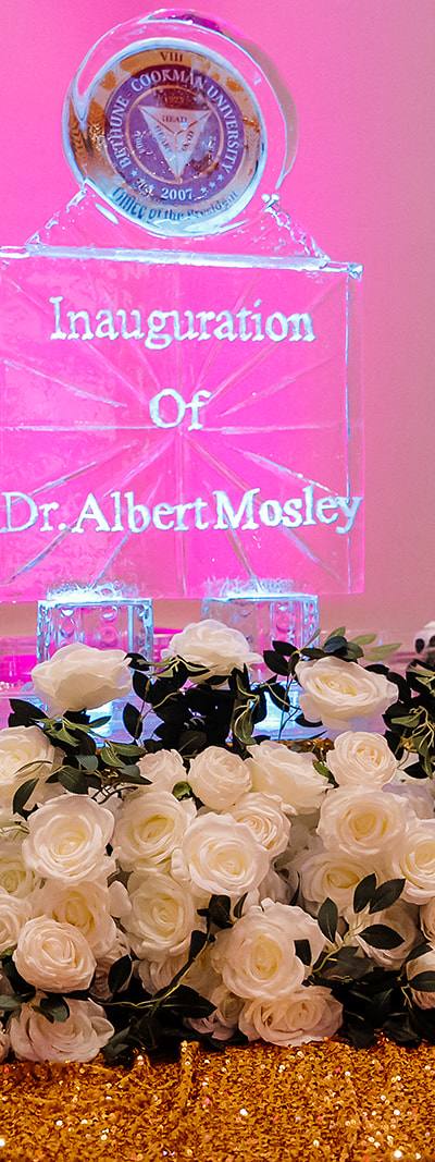 Inauguration of Dr. Albert Mosley ice sculpture with white roses at Bethune-Cookman University